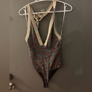 Multicolor backless metallic shimmer halter neck bodysuit